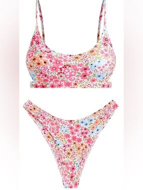 NWT ZAFUL Floral High Cut Scoop Neck Cheeky HighLeg 2Pc Bikini Swimsuit Womens S